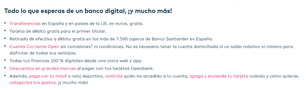 Características de la Cuenta sin nómina de Openbank