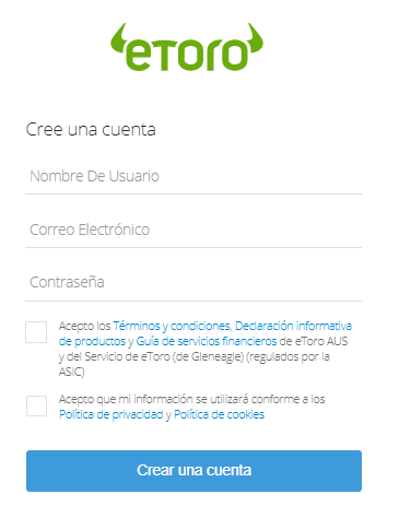 Formulario de cuenta gratuita en eToro, una de las plataformas recomendadas para comprar Bitcoin Cash.