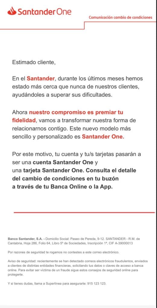 Comunicación Oficial del Banco Santander a todos sus clientes sobre sus nuevas condiciones y comisiones en 2021