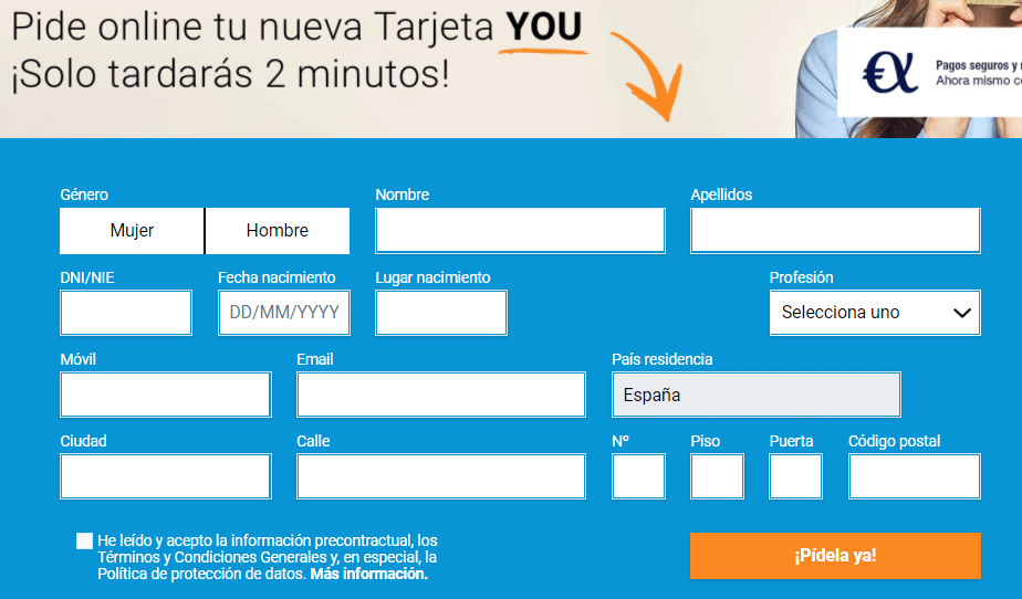 Formulario de solicitud de la tarjeta You de Advanzia