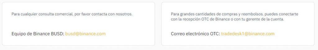 Vías de contacto con Binance