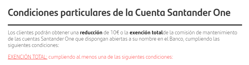 Condiciones para la exención de comisiones de Santander One