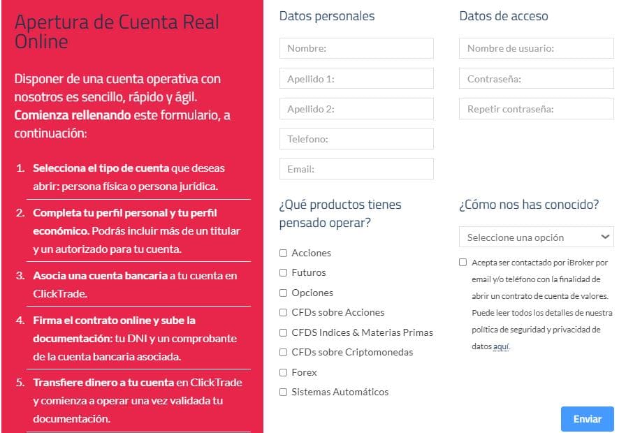 Formulario de registro de ClickTrade