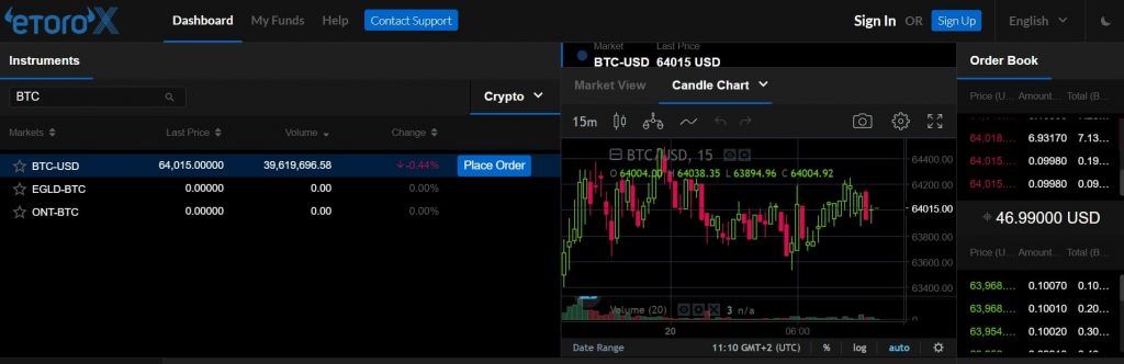 Plataforma de eToroX, el exchange de eToro