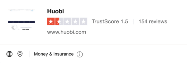 Captura de las valoraciones de los usuarios de Huobi en Trustpilot