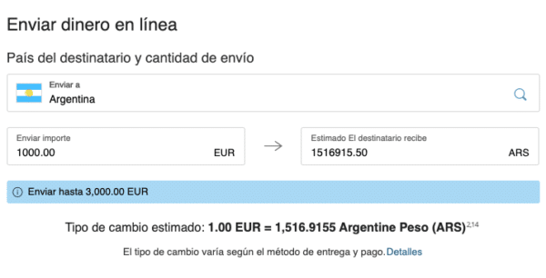 Tipo de cambio de euros a pesos argentinos en Western Union