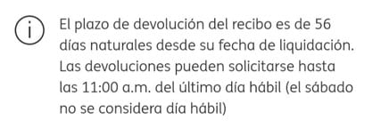 Aviso de plazo de devolución del recibo en ING