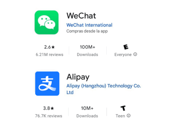 Opiniones de WeChat y Alipay en Google Play