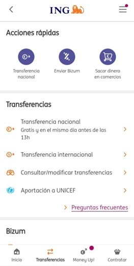 TIpos de transferencias bancarias desde la app de ING