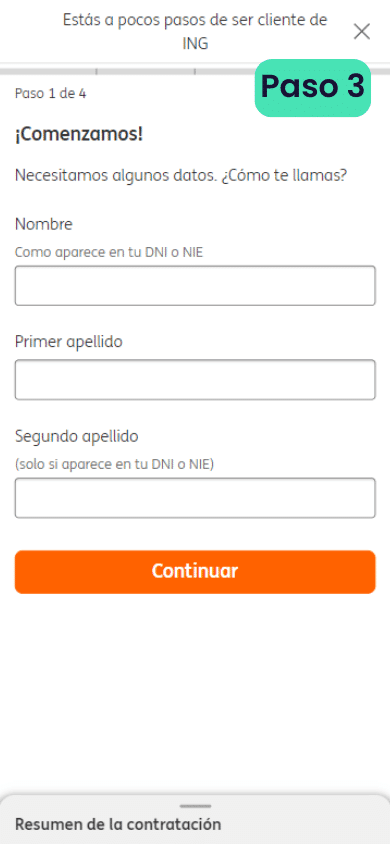 Segundo paso para abrir una cuenta en ING: completar el formulario con datos personales