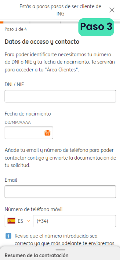 Segundo paso para abrir una cuenta en ING: completar el formulario con datos personales