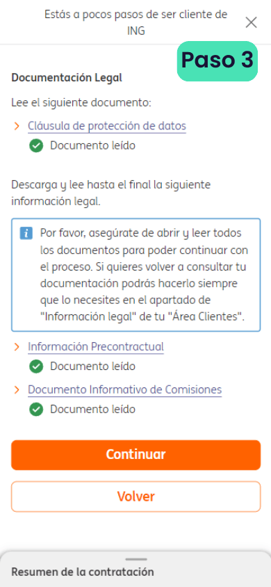Segundo paso para abrir una cuenta en ING: leer todos los documentos con información precontractual y de comisiones