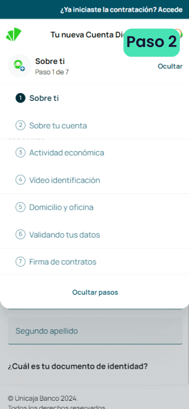 Información a completar para abrir una cuenta online en Unicaja