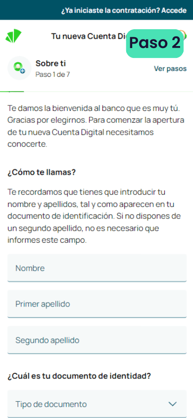 Segundo paso para abrir una cuenta en Unicaja