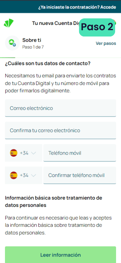 Segundo paso del fomrulario para abrir una cuenta en Unicaja