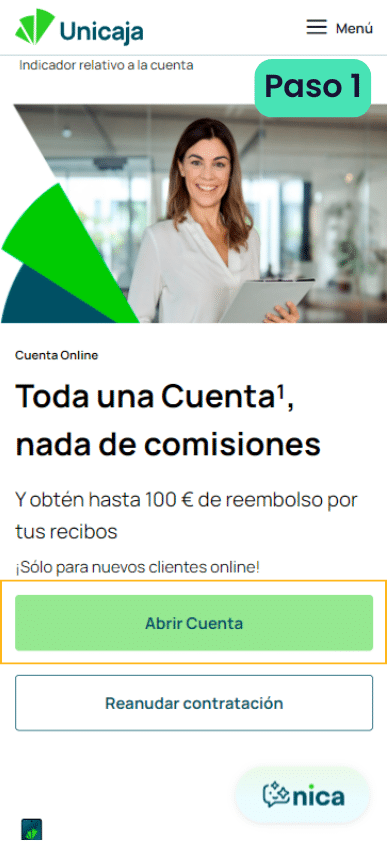 Primer paso para abrir una cuenta online en Unicaja