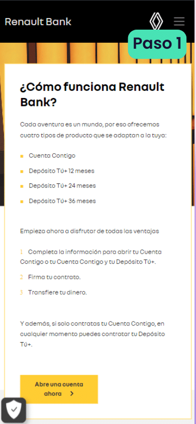 Primer paso para abrir una cuenta en Renault Bank