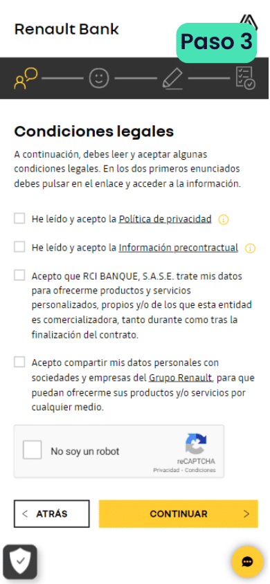 Tercer paso para abrir una cuenta en Renault Bank
