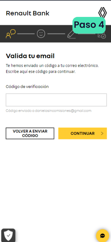 Cuarto paso para abrir una cuenta en Renault Bank