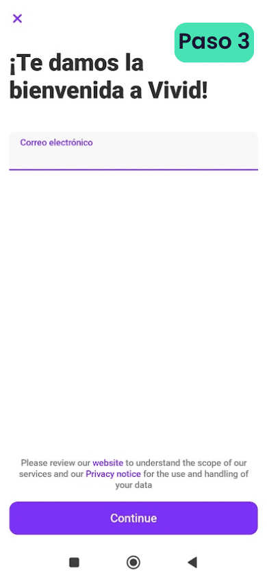 Primer paso para abrir una cuenta online de Vivid