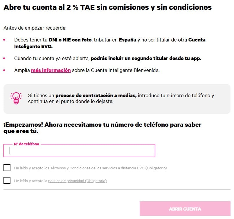 Primer paso para abrir Cuenta Inteligente EVO