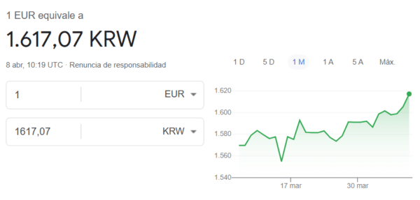 euros a wones surcoreanos