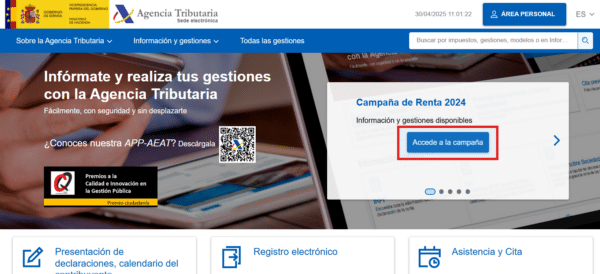 Página web inicial de la AEAT