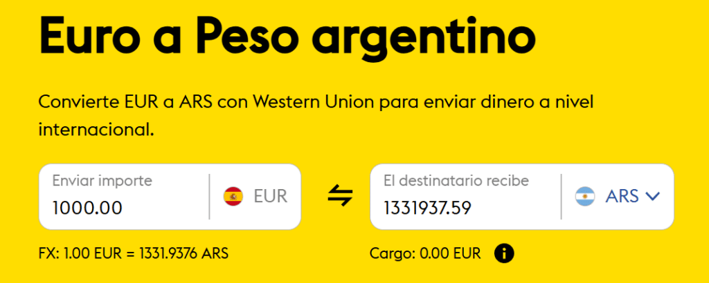 Tipo de cambio de euros a pesos argentinos en Western Union (cotización blue)