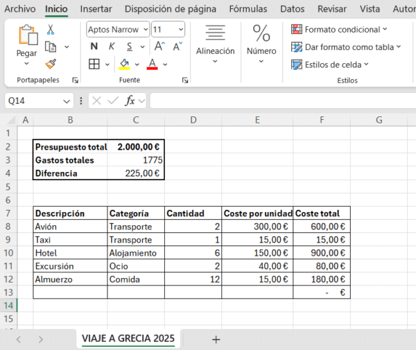 Presupuesto de viaje en excel