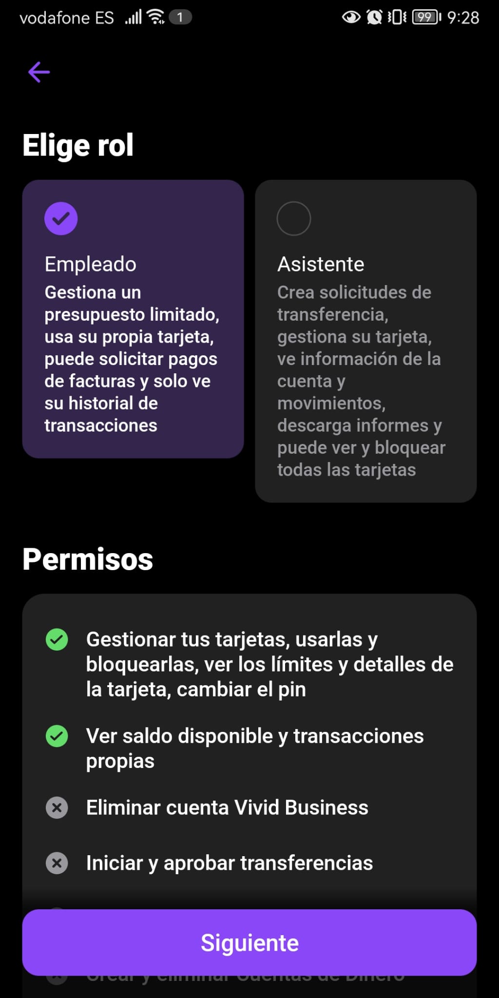 Roles para colaboradores en la app móvil de Vivid Business