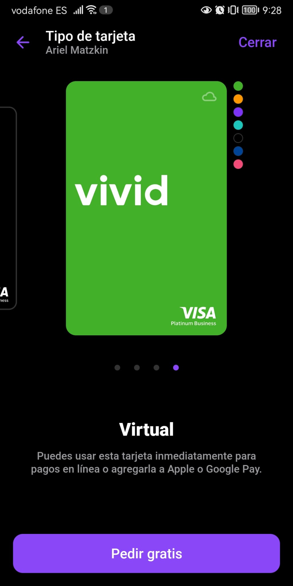 Tarjetas virtuales gratis en la app móvil de Vivid Business