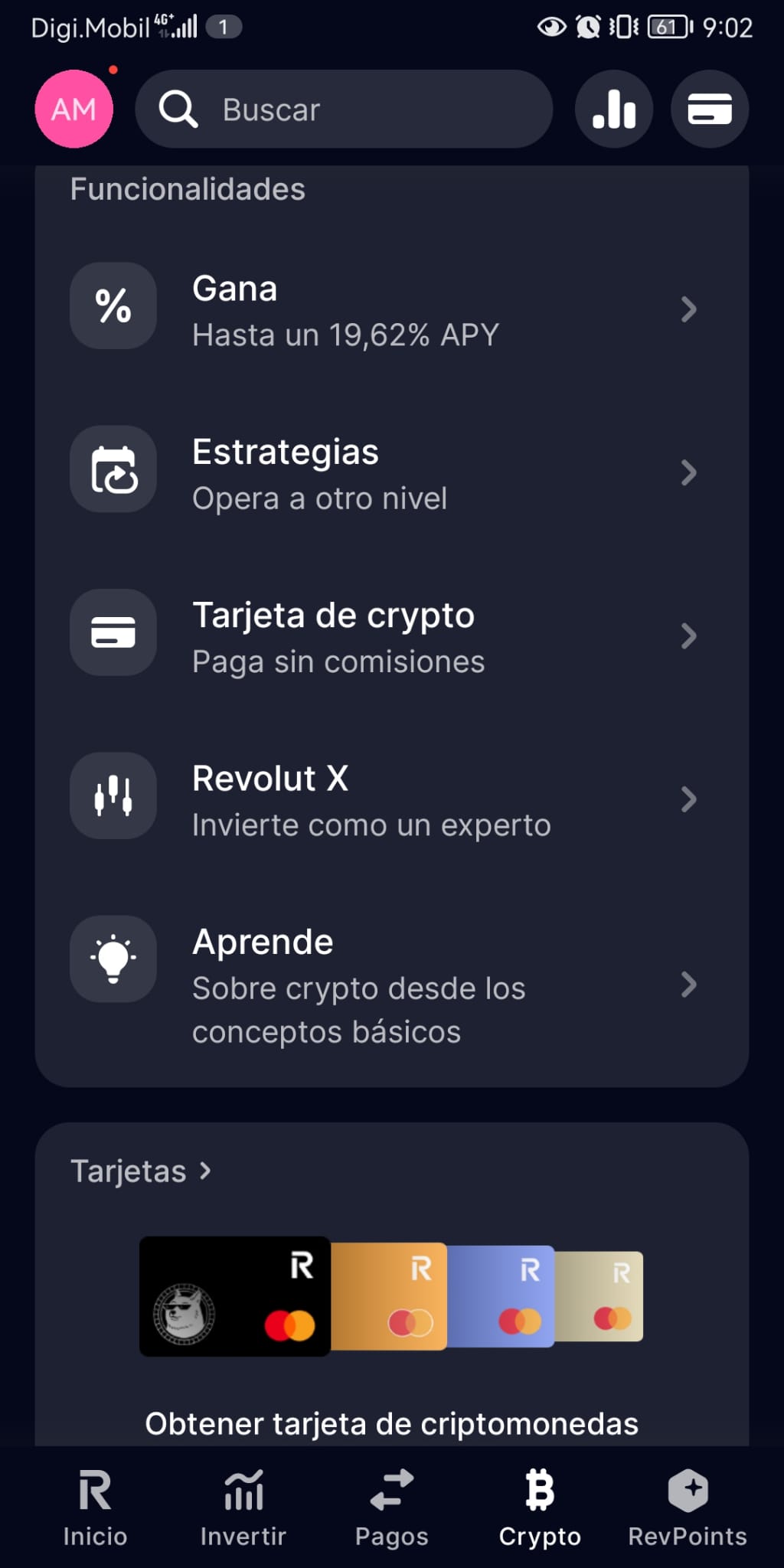 Funcionalidades de criptomonedas en la app de Revolut
