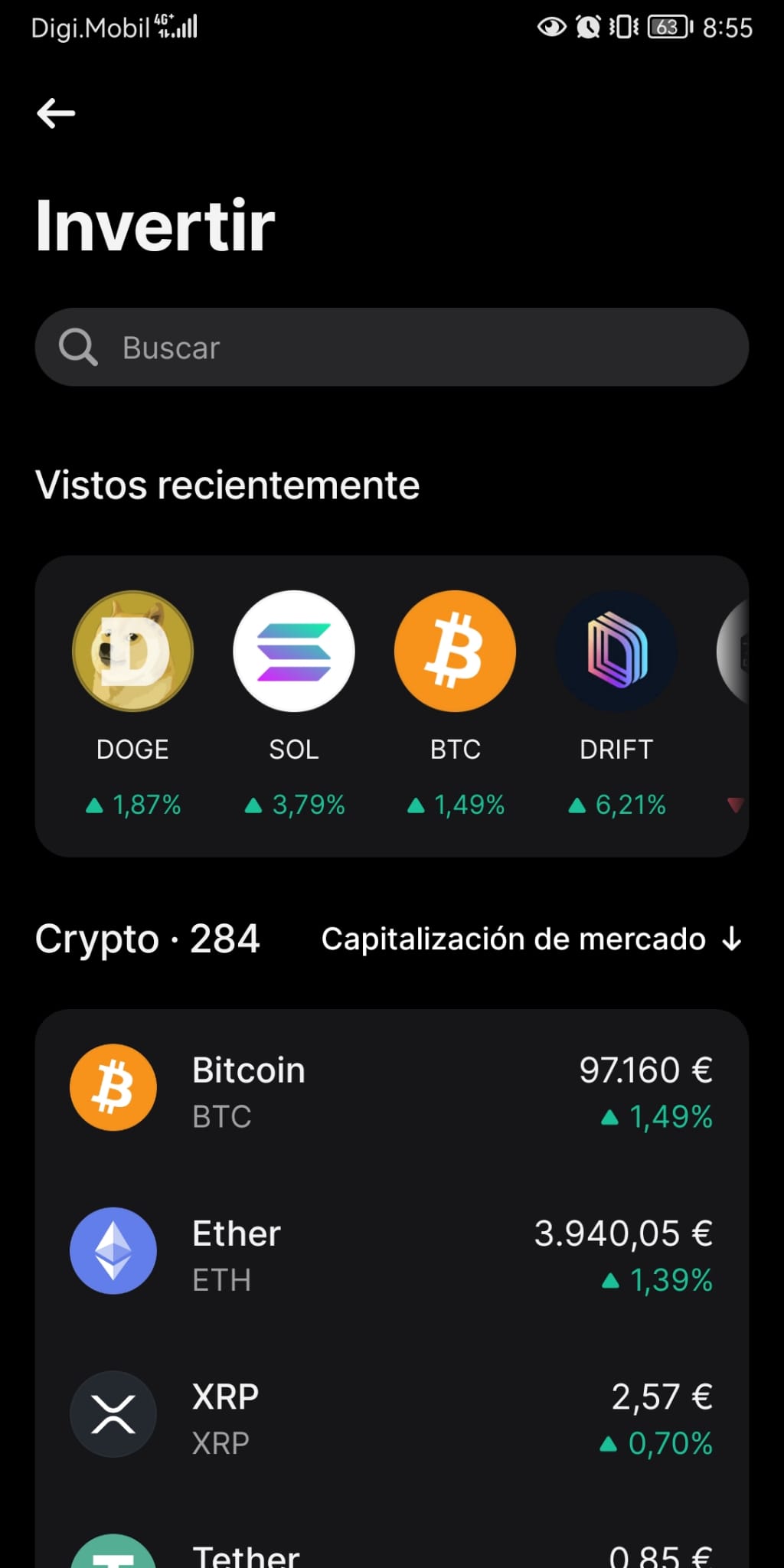 Pestaña de criptomonedas para invertir en Revolut