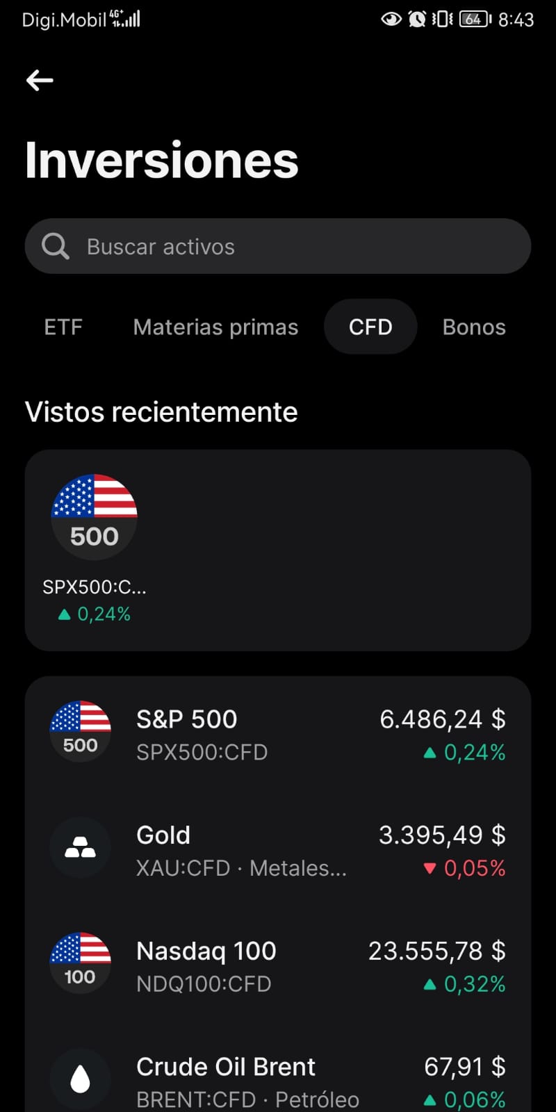 Pestaña de inversiones CFD en Revolut