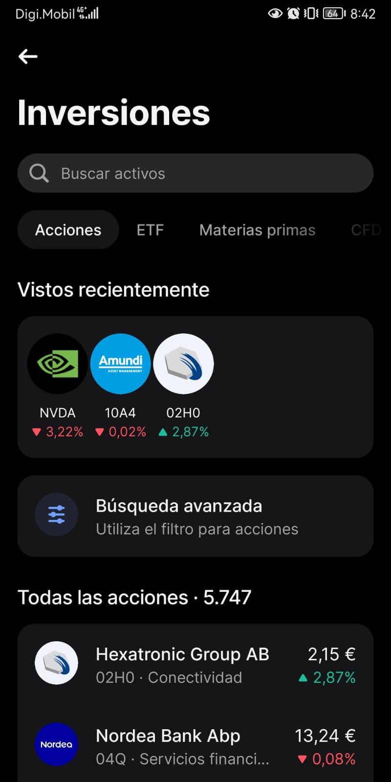 Pestaña de inversiones en la app de Revolut