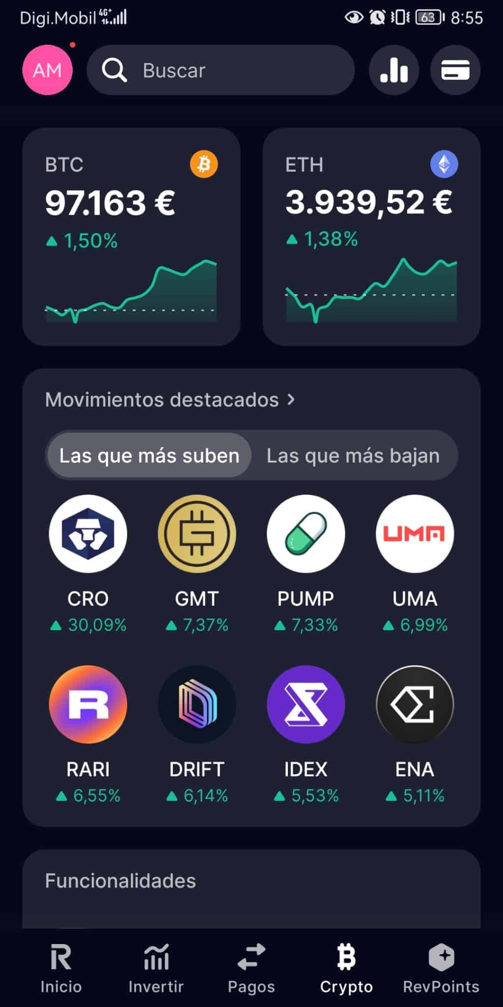 Vista general de crypto en la app de Revolut