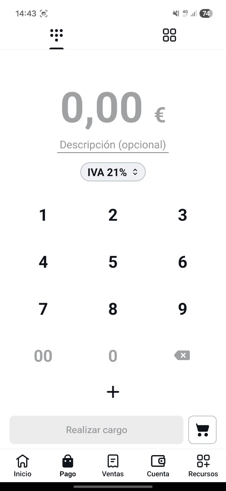 Pantalla de cobro de la app de SumUp