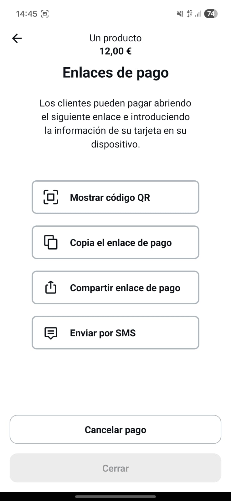 Opciones de pago por enlace en la app de SumUp