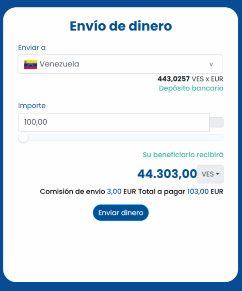 Tipo de cambio de VES x EUR para enviar dinero a Venezuela con Money Exchange desde España