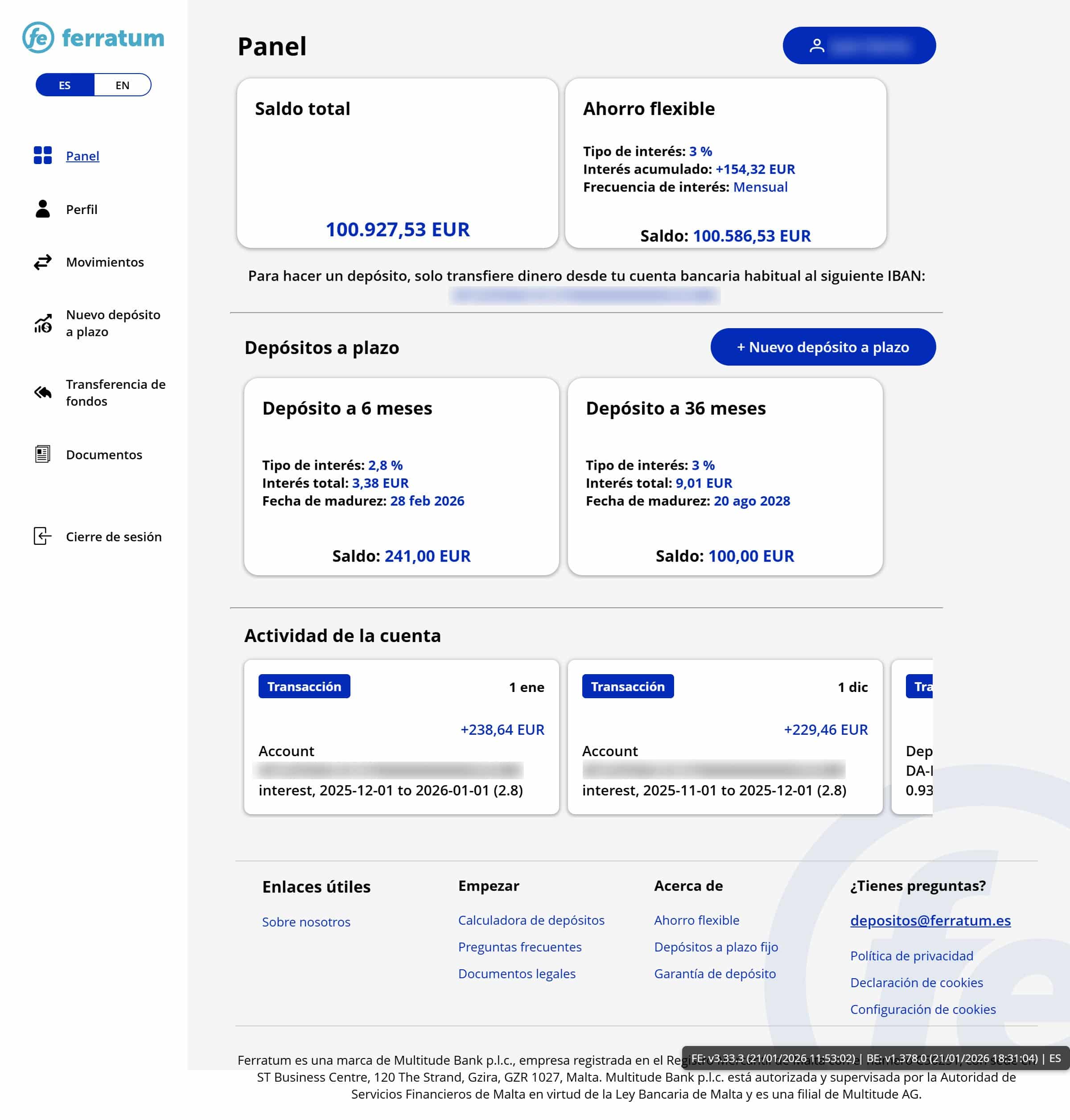 Panel de control de la cuenta de ahorros de Ferratum