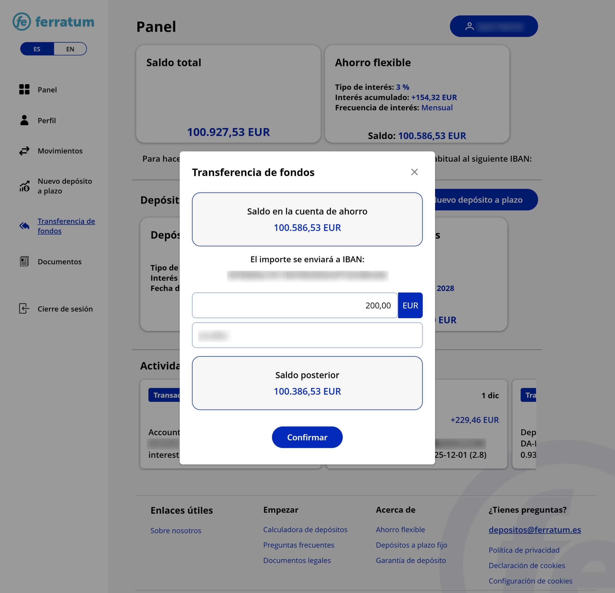 Transferencia desde la cuenta de ahorros de Ferratum