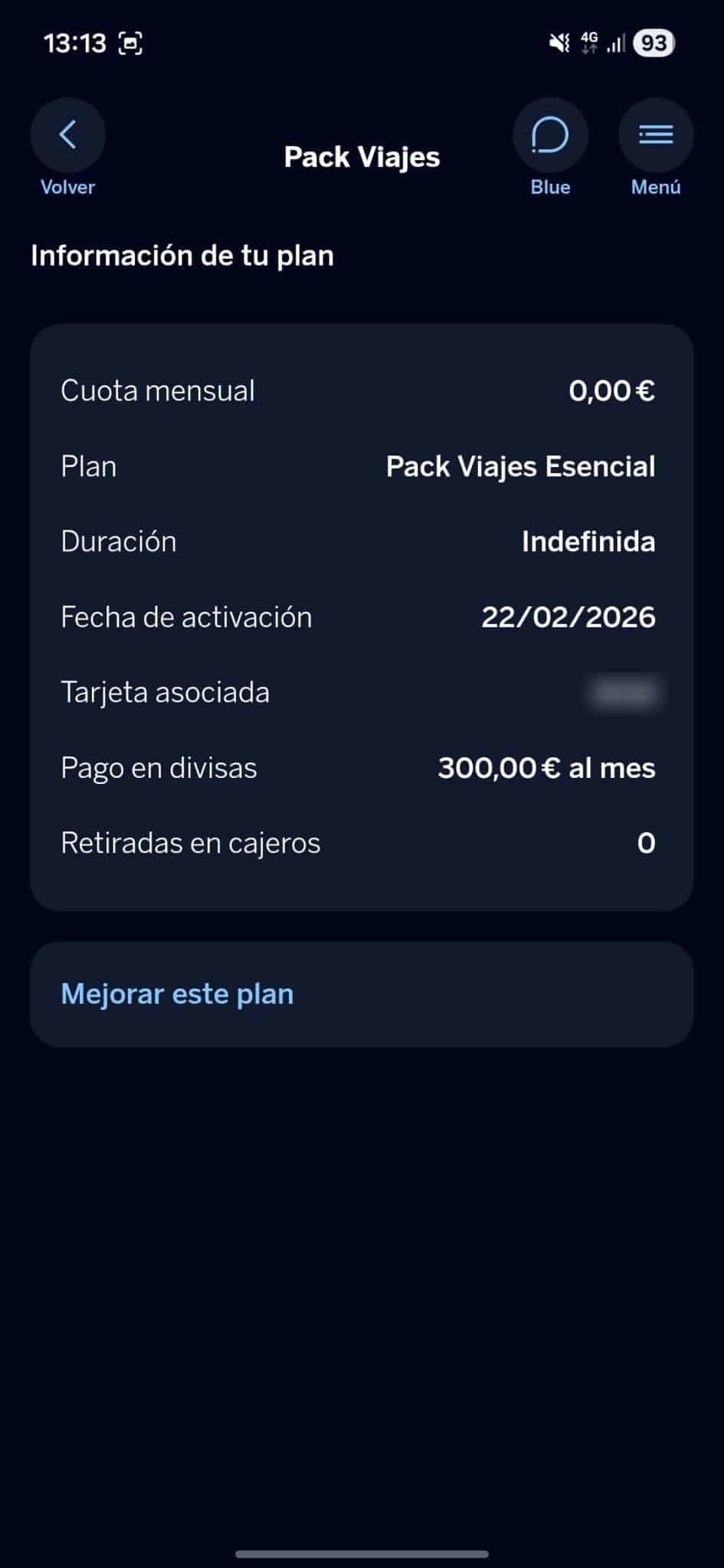 Pestaña de información del pack viajes de BBVA