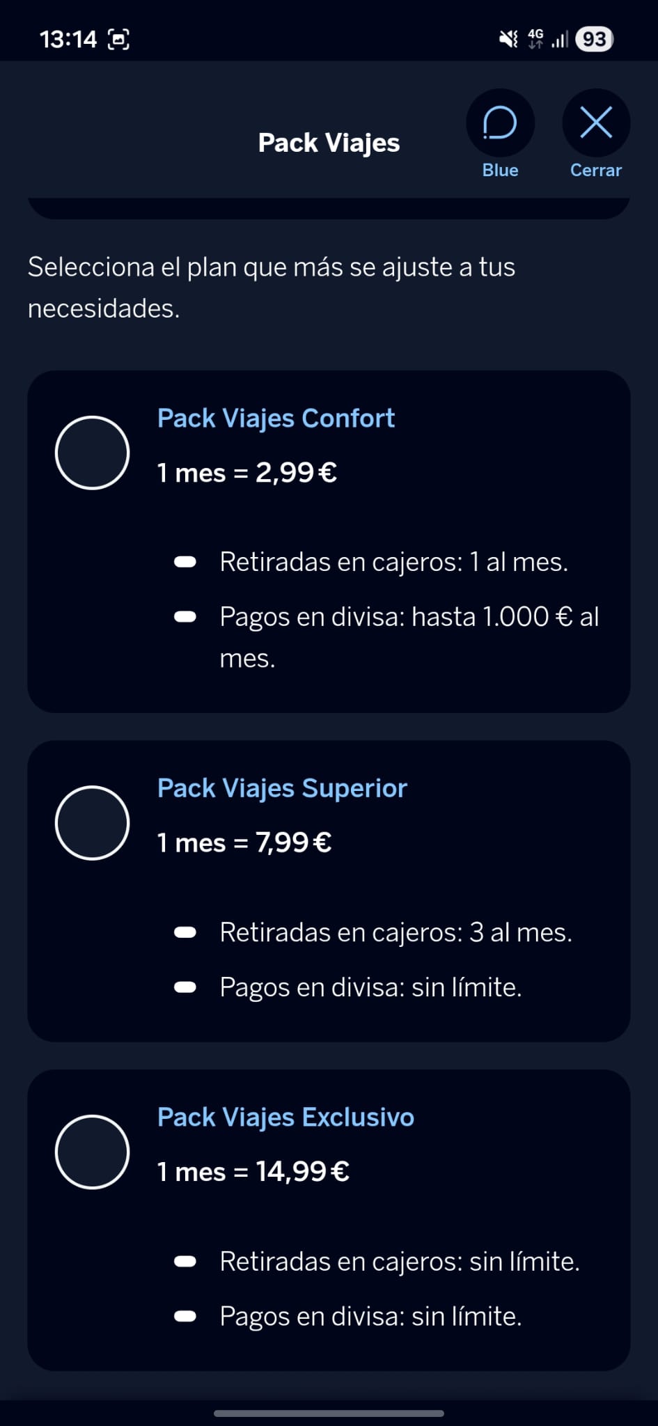 Pestaña de planes del pack viajes de BBVA