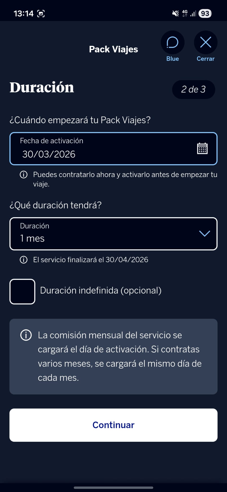 Configuración del pack viajes de BBVA