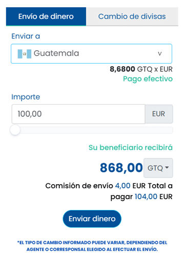 Comisiones por enviar dinero a Guatemala con Money Exchange