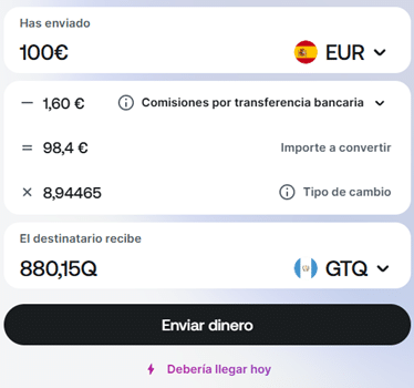 Comisiones por enviar dinero a Guatemala con Revolut