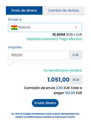 Comisiones por enviar dinero a Bolivia con Money Exchange
