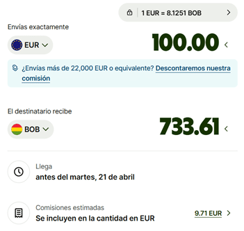 Comisiones por enviar dinero a Bolivia con N26