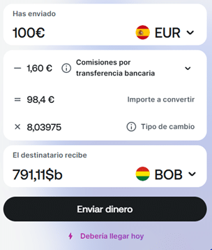 Comisiones por enviar dinero a Bolivia con Revolut