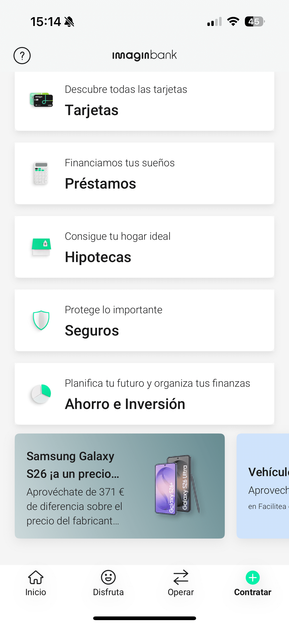 Pantalla principal de la app de imagin
